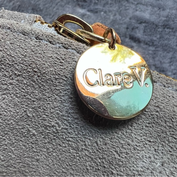 Clare V. Suede Gray Clutch Bag Black Pink Red Leather Stripes Gold Tone Charm